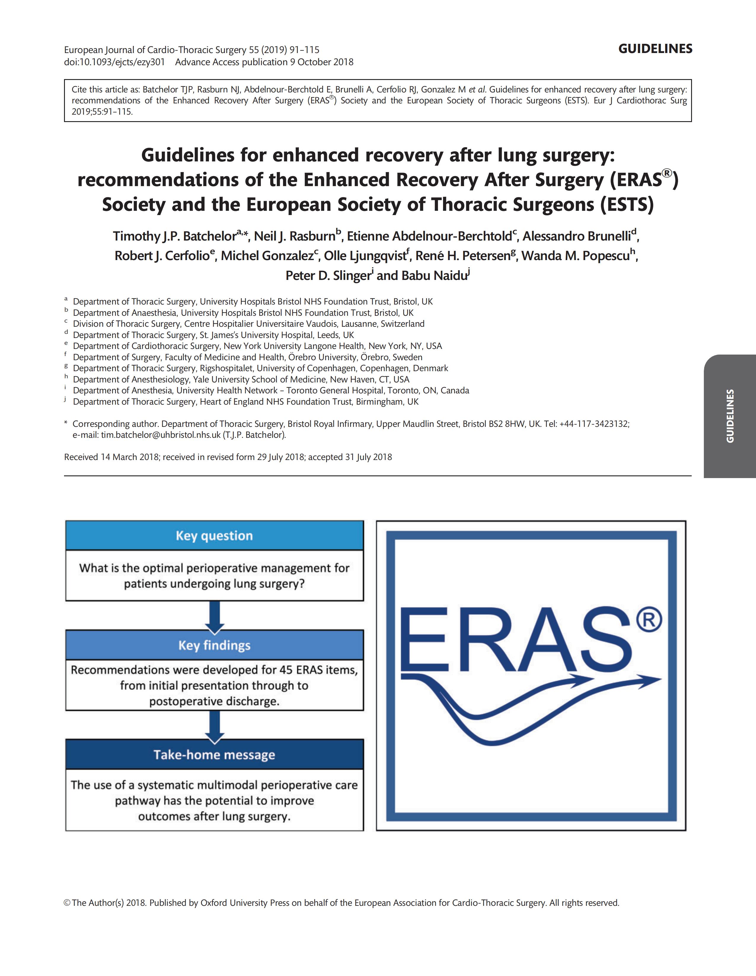 肺部手术后加速康复指南：加速康复外科 (ERAS ® ) 协会和欧洲胸外科医师协会 (ESTS) 的建议